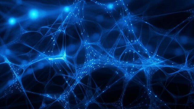 Abstract glowing blue neural network with connecting nodes and lines. Artificial intelligence and biological science concept. Digital data communication
