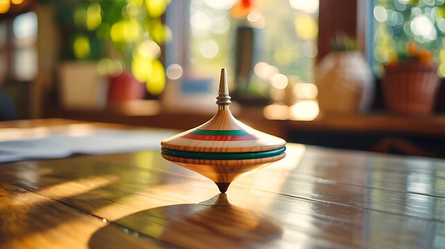Wooden spinning top toy rotating on table in warm natural sunlight