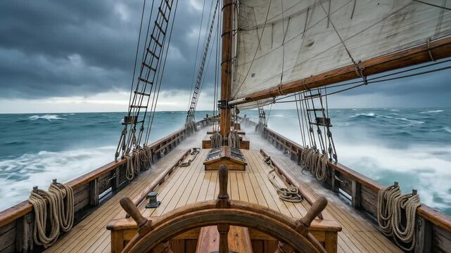 Old wooden sailing ship in a stormy sea. POV from the deck as large waves crash over the bow. Adventure, danger, and exploration concept