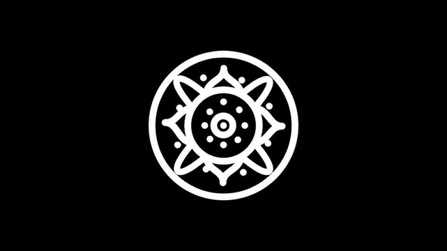Minimalist white mandala symbol on a stark black background, representing peace and harmony