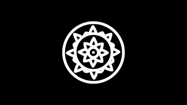 Stylized white sun symbol with geometric patterns on a black background