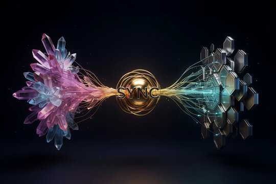 3D abstract data synchronization technology concept with glowing crystal cluster connecting to metallic hexagons through sync node.