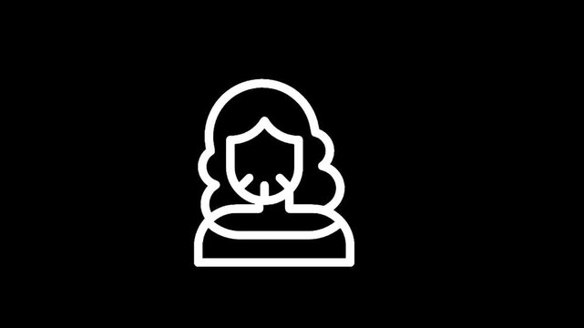 Stylized white icon of a person with curly hair and a beard on a black background
