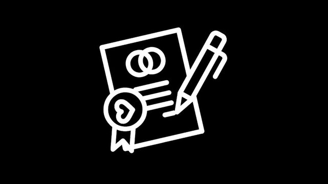 Marriage certificate icon with rings, heart, and pen, symbolizing union and commitment