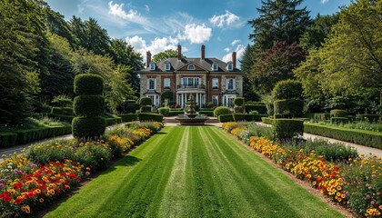 Fototapeta premium Stately historic mansion with formal garden and manicured lawns well maintained architecture