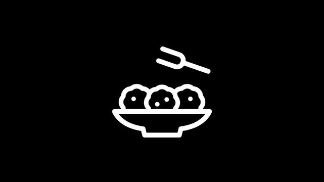 Simple line art icon of meatballs in a bowl with a fork above
