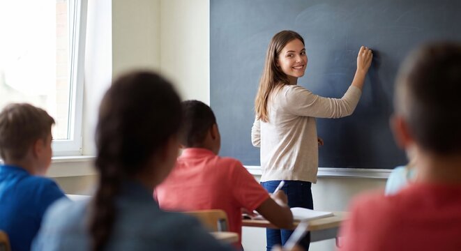 A smiling female teacher writes on a blackboard in a classroom with students paying attention.