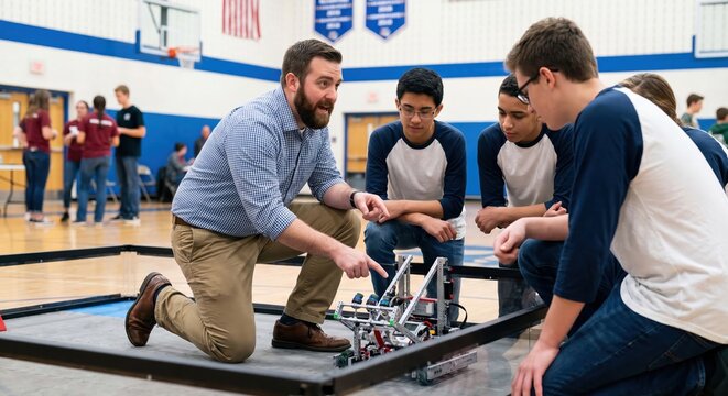 Teacher guiding students in a robotics competition in a school gymnasium, focusing on teamwork and STEM.