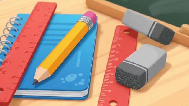 blue notebook, pencil, red ruler, and erasers on a wooden desk with a chalkboard in the background