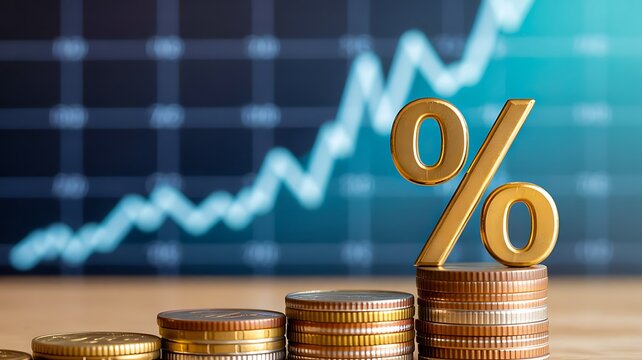 Interest rate growth concept with percentage symbol and stacked coins