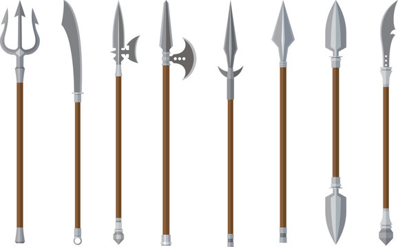 Various antique combat elements representing medieval armory and knight battle equipment.Set of medieval spears and polearms isolated on a white background vector illustration.