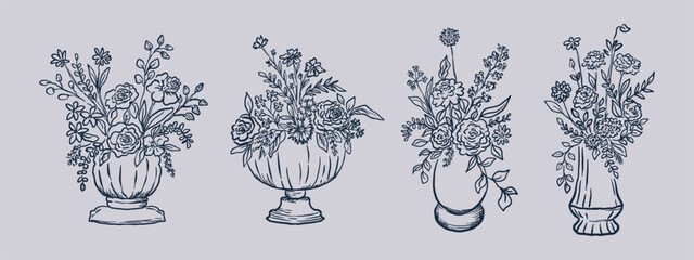 Fototapeta premium A collection of hand drawn line art style flowers and urns.