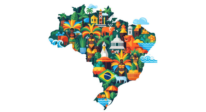 Map of Brazil filled with iconic landmarks and cultural symbols.