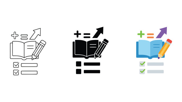 Educational development concept illustration showing open book pencil checklist and upward trending arrow with mathematical symbols