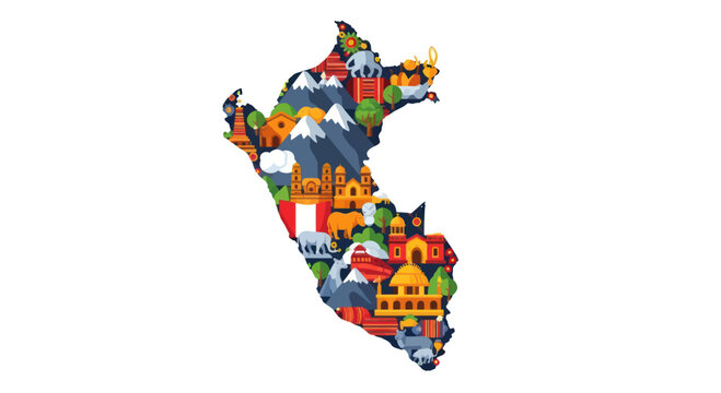 Map of Peru filled with iconic landmarks and cultural symbols.
