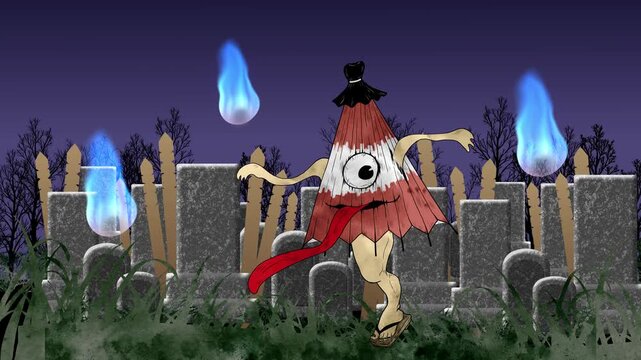 墓地で動くからかさ小僧と鬼火の動画