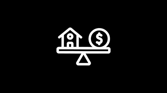 House and dollar coin on a balance scale, representing real estate investment value