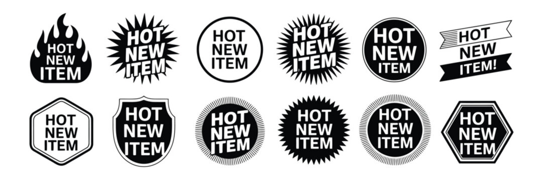Marketing badges collection, hot new item promotional labels, sales and retail advertising stickers, product highlight badge set, vector illustration