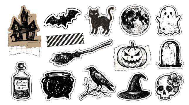 Collection of halloween themed illustrations including ghosts bats pumpkins and witch hats