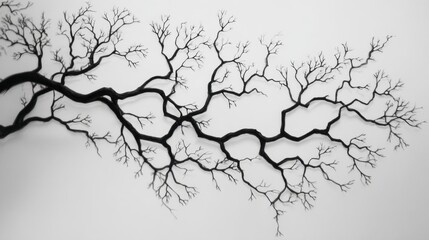 Obraz premium Intricate Silhouette of a Tree Branch with Exposed Twigs Against a Minimalist White Background