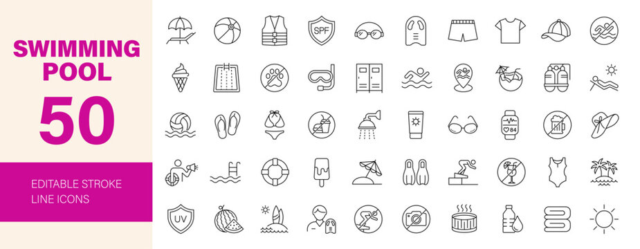 Swimming Pool icon set. Editable line icons. Vector illustration.