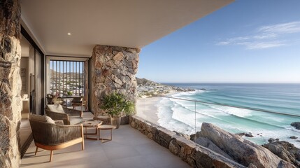 Fototapeta premium Luxurious elevated balcony provides stunning ocean views beside rugged stone architecture