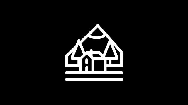 Minimalist line art logo of a house nestled in mountains with trees and sun