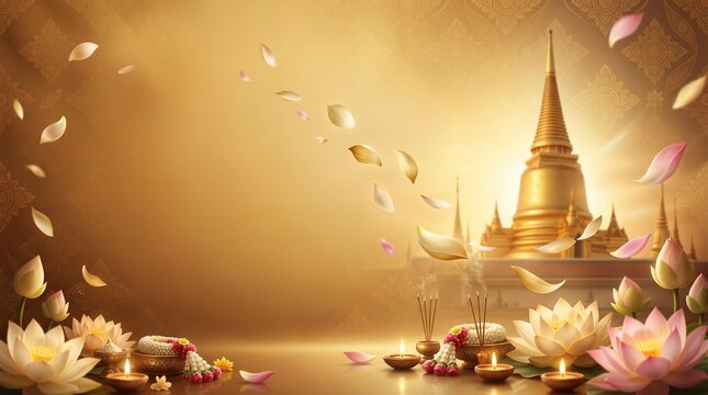 Asalha Puja festival backdrop, golden gradient with soft halo illumination, floating lotus petals