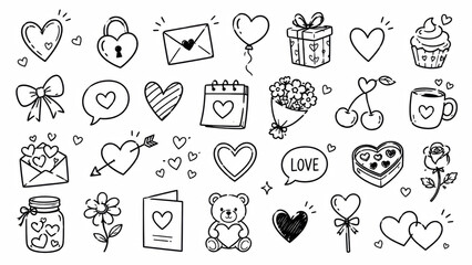 Fototapeta premium Set of hand drawn heart doodle icons and sketch elements for creative design
