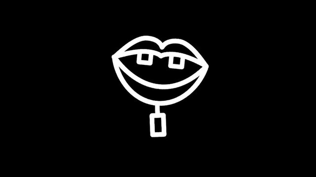 Minimalist white outline of lips with square teeth on a black background