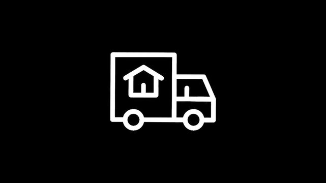 Simple line art icon of a moving truck with a house symbol on its side