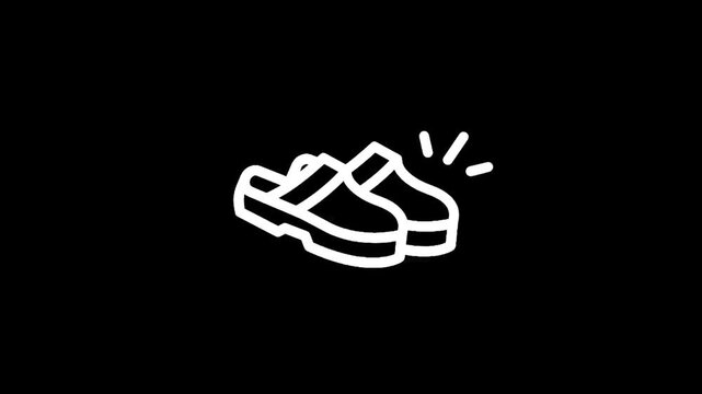Simple white line art icon of clogs on a black background with sparkling effect