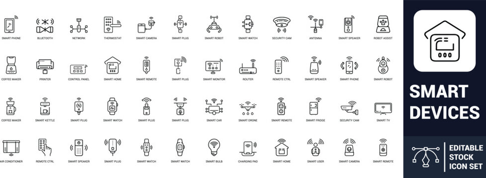 Smart devices line art icons set smart phone, thermostat, smart camera, smart plug, smart watch, security cam, smart speaker, smart home Web icon App icon Outline icon Editable stroke line art Vector 