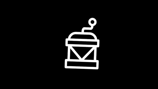 Simple line art icon of a drum with musical notes emanating from it on a black background