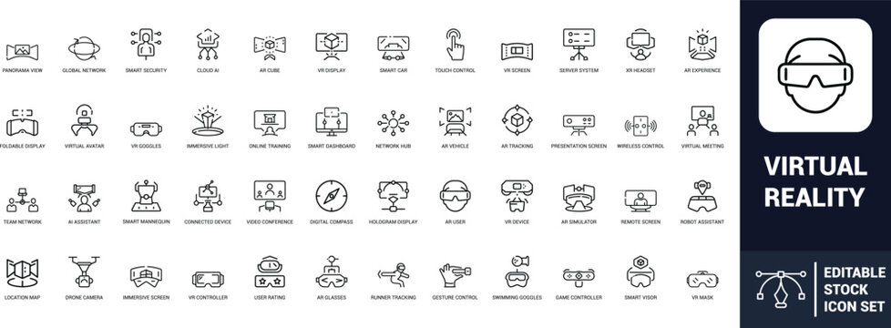 Virtual reality line art icons set vr headset, ar cube, smart car, touch control, vr display, network hub, ar experience, vr goggles Web icon, App icon, Outline icon, Editable stroke, line art, Vector