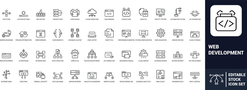 Web development line art icons set code window, source code, server stack, cloud computing, database cluster, api integration Web icon, App icon, Outline icon, Editable stroke, line art, Vector EPS