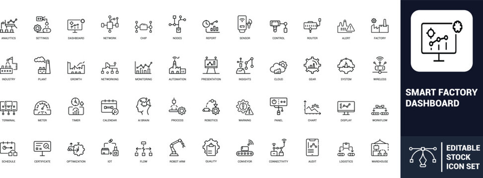 Smart factory dashboard line art icons set, analytics, automation, robotics, IoT, network, sensor, cloud, gear, system, wireless, industry. Web icon App icon Outline icon Editable stroke line art Vect