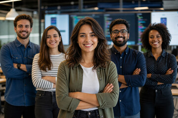 Fototapeta premium Diverse mobile app development team standing in modern startup office, led by female app developer, with programmers, designers, and product managers in technology workspace.