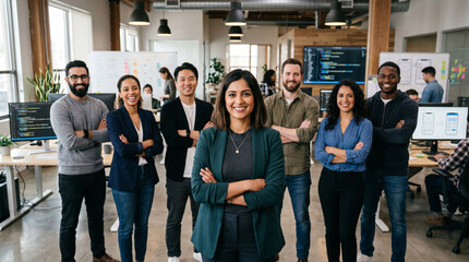 Fototapeta premium Diverse mobile app development team standing in modern startup office, led by female app developer, with programmers, designers, and product managers in technology workspace.