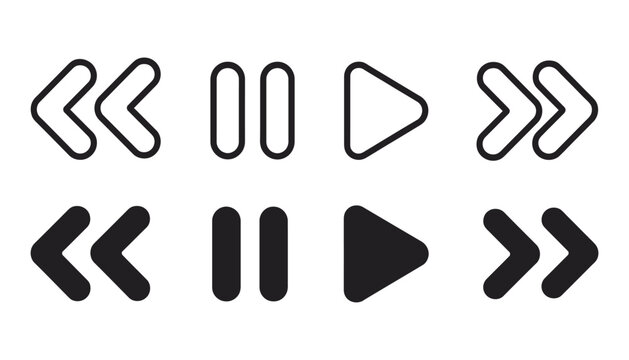 Media player control buttons set, fast forward, rewind, play, pause, navigation symbols, multimedia interface, modern vector illustration