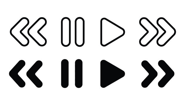 Media player control buttons set, fast forward, rewind, play, pause, navigation symbols, multimedia interface, modern vector illustration