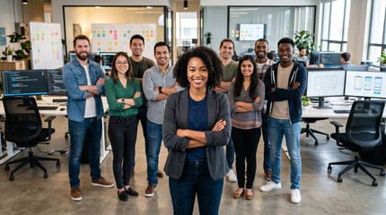 Fototapeta premium Diverse mobile app development team standing in modern startup office, led by female app developer, with programmers, designers, and product managers in technology workspace.