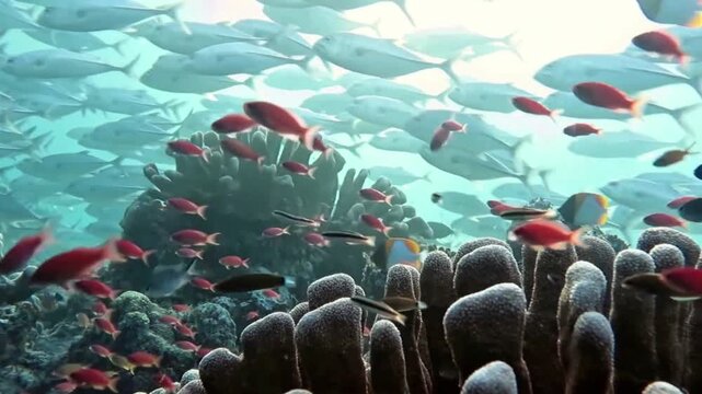 Vibrant Underwater Coral Reef Teeming with Tropical Fish Schools