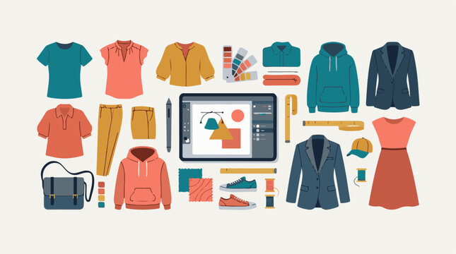 A colorful digital illustration of various clothing items and design tools