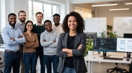 Obraz premium Diverse mobile app development team standing in modern startup office, led by female app developer, with programmers, designers, and product managers in technology workspace.