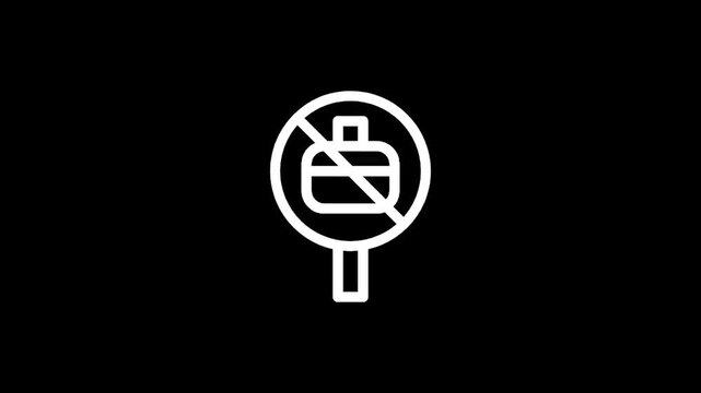 Simple white icon of a suitcase with a diagonal line through it on a black background