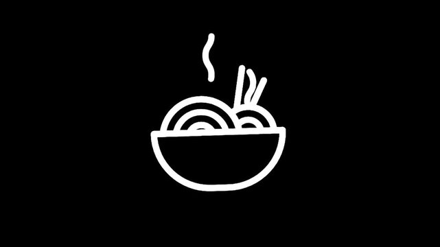Simple white line drawing of steaming noodles in a bowl on a black background