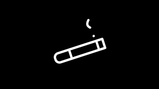 Simple white line icon of a lit cigarette with smoke on a black background