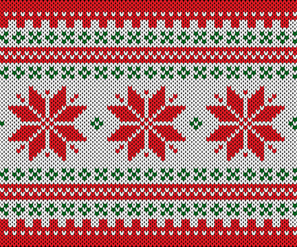 Seamless Nordic Knitting Pattern with Red Christmas Snowflakes Border