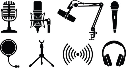Podcast Microphone and Studio Equipment Silhouette Icon Set with Retro Mic Boom Arm Condenser Pop Filter Tripod Signal Waves and Headphones for Broadcasting Designs © MstBabli